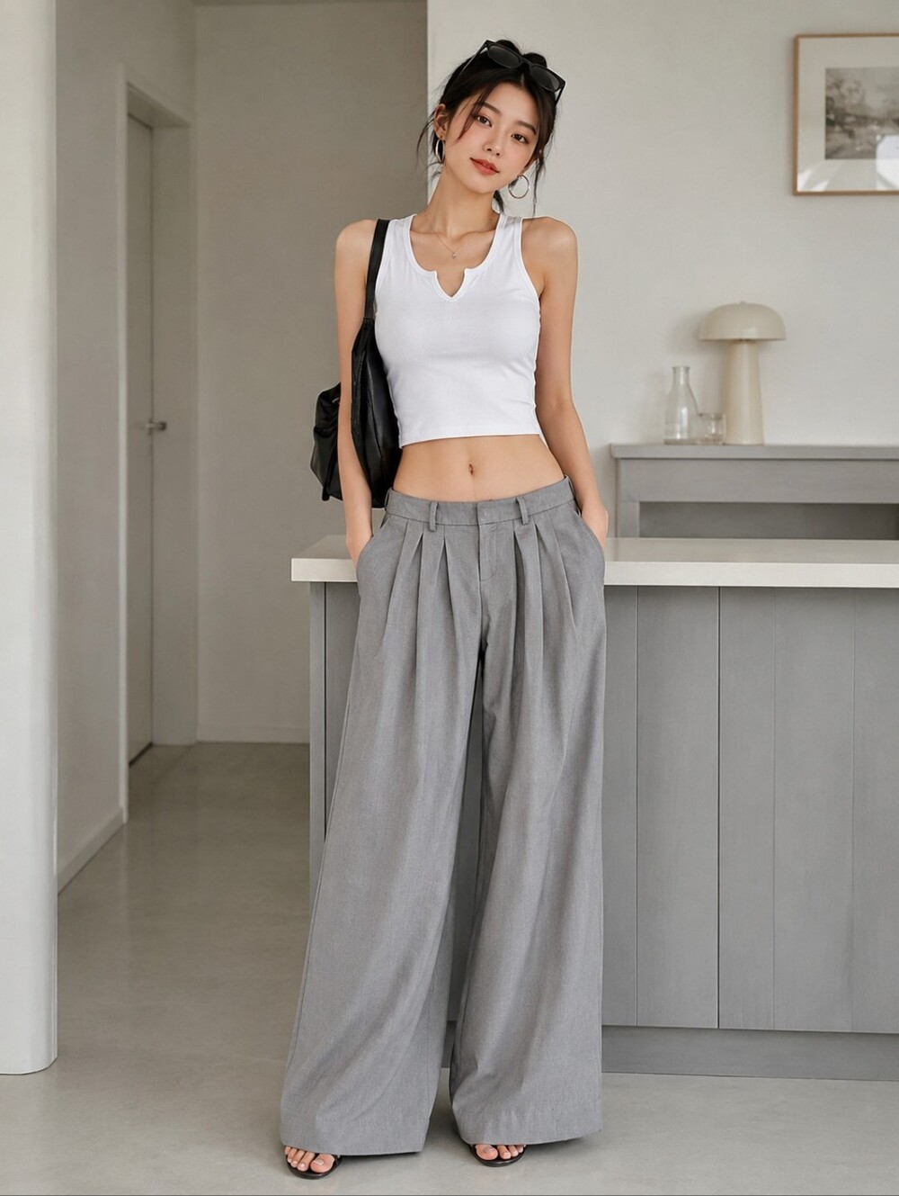 JC THE LABEL Tan Tan Pant Wide-Leg Pleated Lower Waist  Trousers - Gray Size S